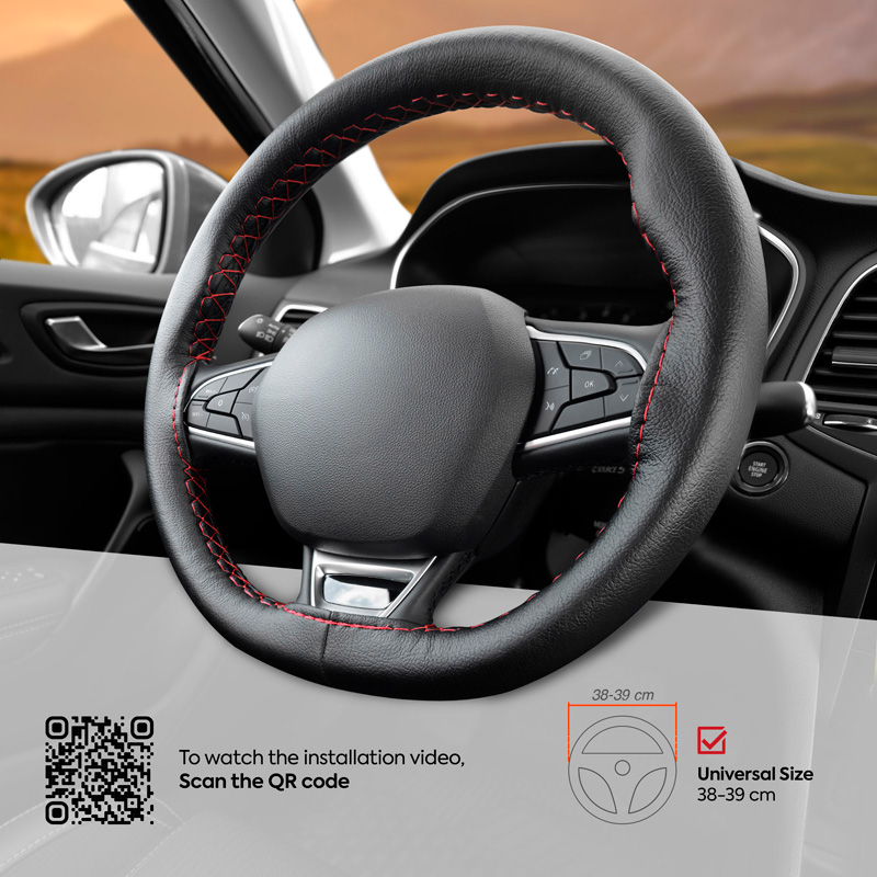 Universal steering wheel cover Classic - Black PVC leather + Red stitch (lace)