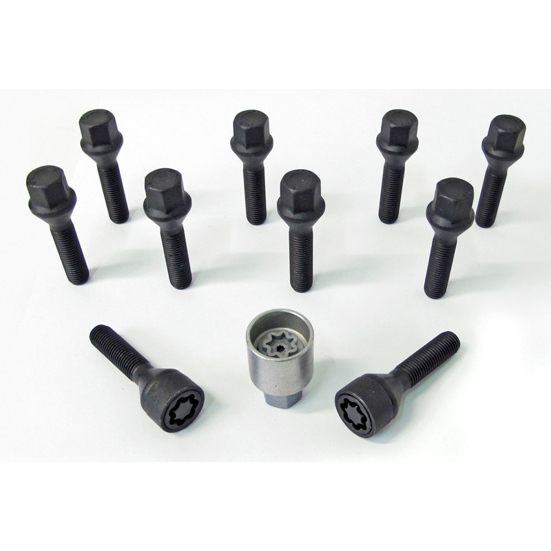 H&R Wheel bolt Set Taper-Head M12x1.50 - Length 30mm - Black - 10 pcs. - incl. wheel-locks