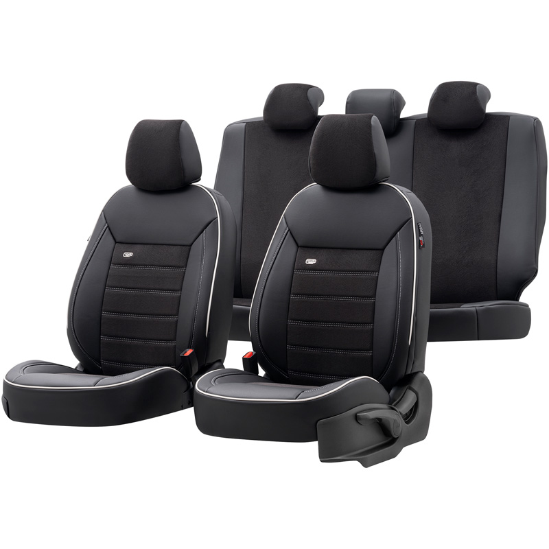 Universal Leather/Velours Seat cover set 'Premium' Black + White trim - 11-pieces -  Side-Airbags
