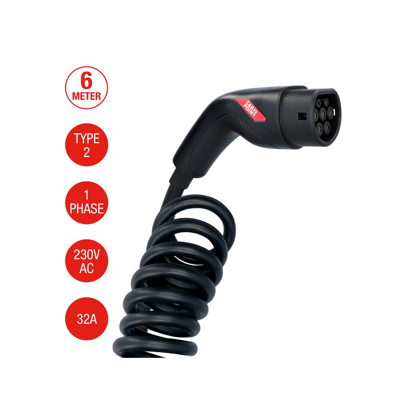 Câble de charge à spirale Carpoint pour véhicule électrique Type 2>2 32 AMP monophasé 6 mètres