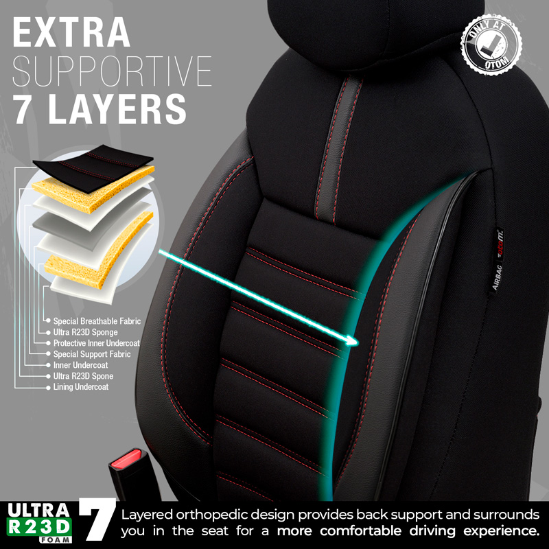 Universal Fabric/Leather Seat cover set 'Limited' Black + Red stitching - 11-pieces -  Side-Airbags