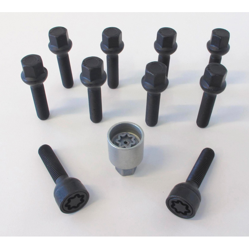H&R Wheel bolt Set Round-Head R12 M12x1.50 - Length 60mm - Black - 10 pcs. (e.g.  Mercedes) - incl. wheel-locks