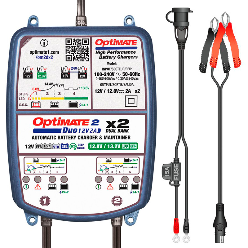 OptiMate 2 DUO x 2 BANK - 12V / 12,8V 2-Amp Acculader / tester / onderhouder