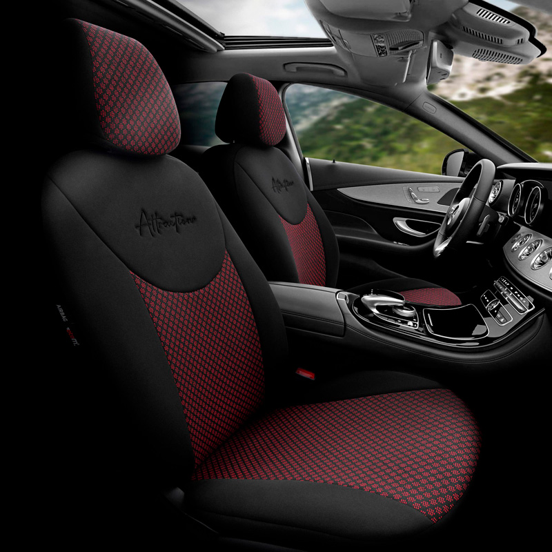 Universele Stoffen Stoelhoezenset 'Attraction' Zwart/Bordeaux Rood - 11-delig - geschikt voor Side-Airbags