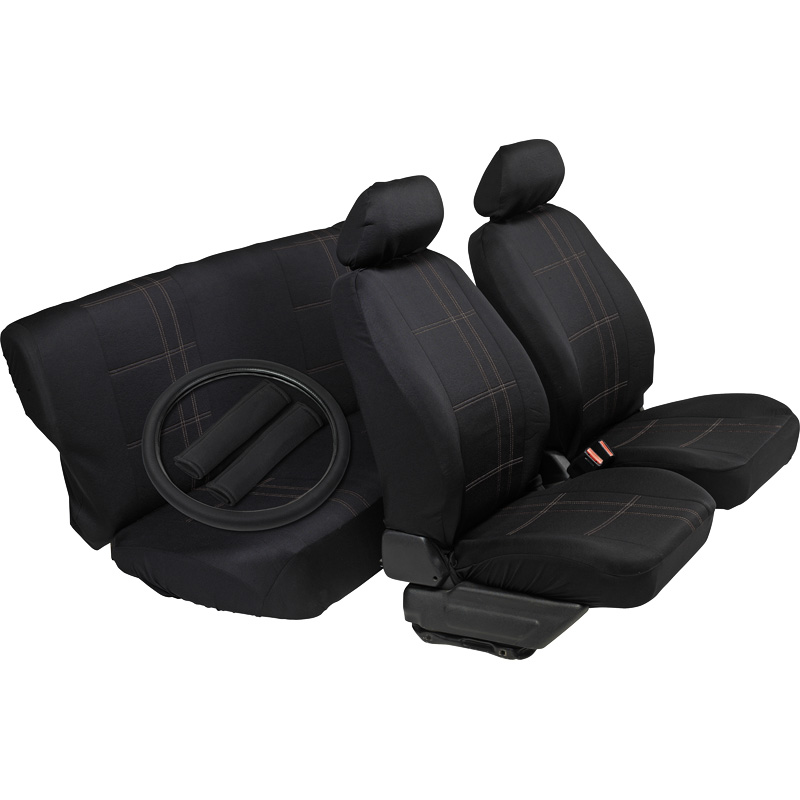 Set universal seat covers 'Stripe' - Black/Grey - incl. steering wheel cover/shoulder pads/5 head rest covers