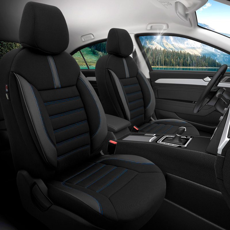 Universal Fabric/Leather Seat cover set 'Limited' Black + Blue stitching - 11-pieces -  Side-Airbags