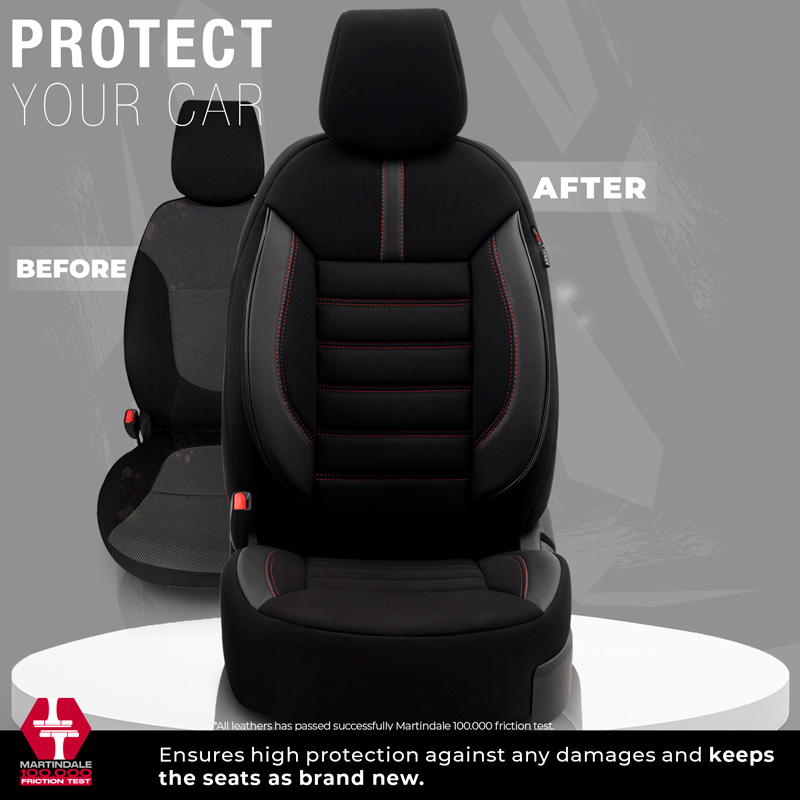 Universal Fabric/Leather Seat cover set 'Limited' Black + Red stitching - 11-pieces -  Side-Airbags