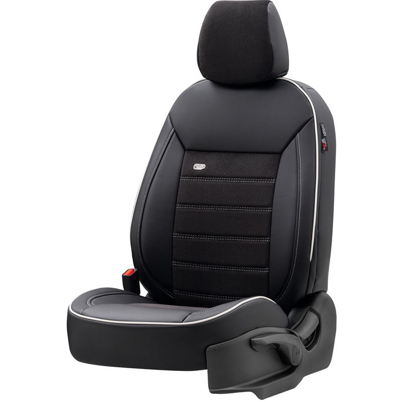Universal Leather/Velours Seat cover set 'Premium' Black + White trim - 11-pieces -  Side-Airbags