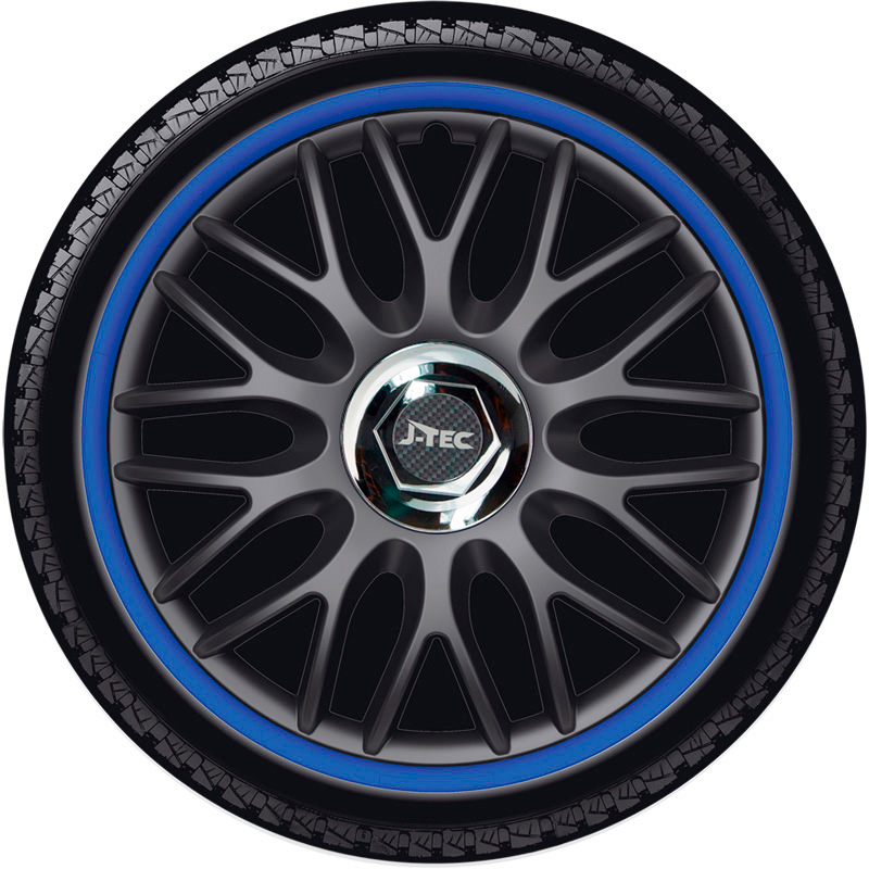 4-Delige J-Tec Wieldoppenset Orden R 16-inch zwart/blauw + chroom ring