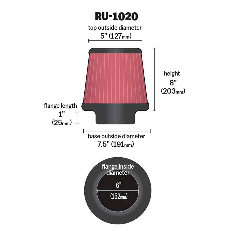 K&N Universal Conical Air Filter 152mm flange, 190mm base, 152mm top, 203mm height (RU-1020)