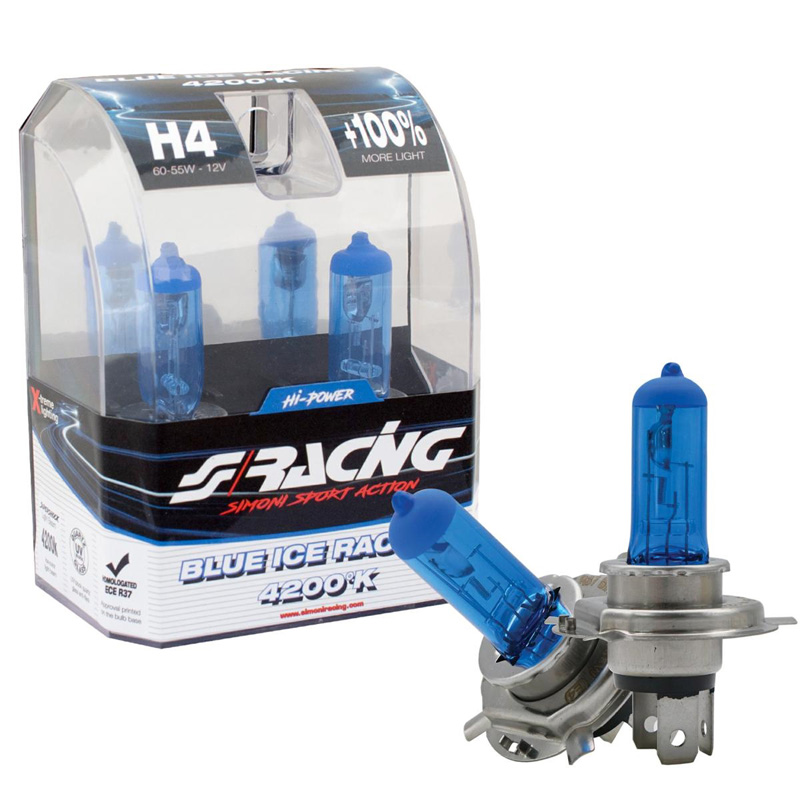 Simoni Racing Halogeen Lampen 'Blue Ice Racing' H4 (4200K) 12V/60-55W, set à 2 stuks ECE-R37