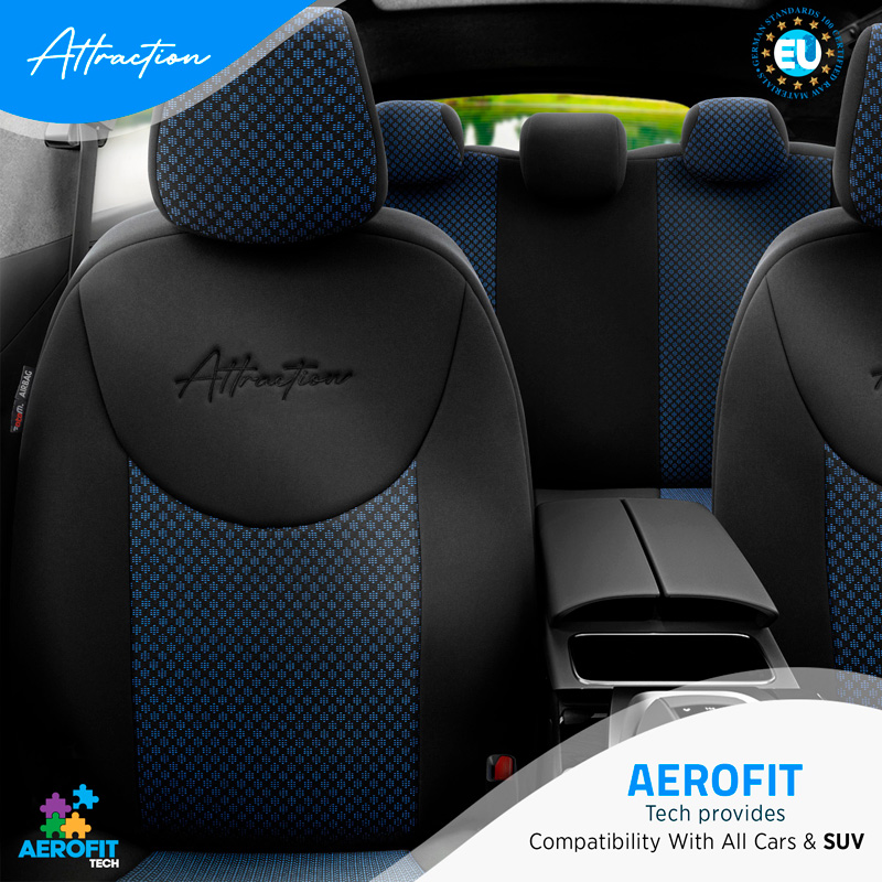 Universal Fabric Seat cover set 'Attraction' Black/Blue - 11-pieces -  Side-Airbags