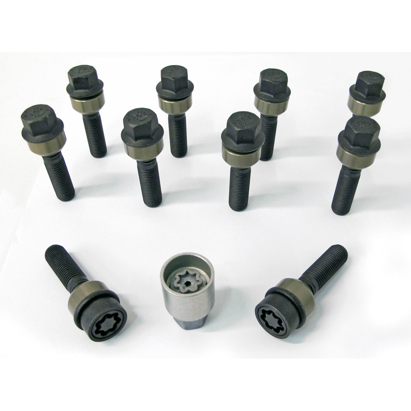 H&R Wheel bolt Set Round-Head with movable cone R14 M14x1.50 - Length 44mm - Black - 10 pcs. (e.g.  Porsche) - incl. wheel-locks