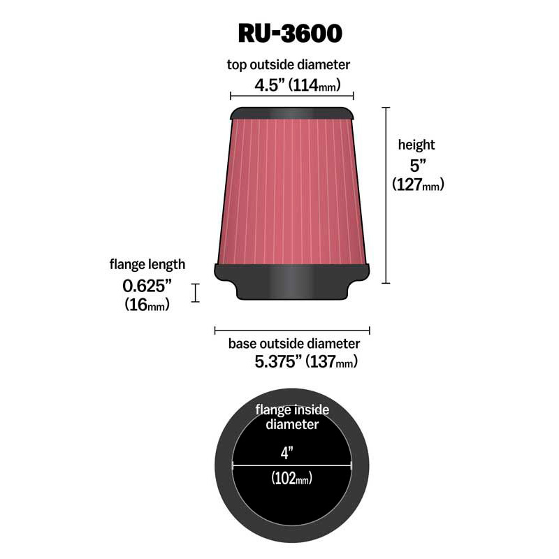 K&N Universal Conical Air Filter 102mm flange, 137mm base, 114mm top, 127mm height (RU-3600)