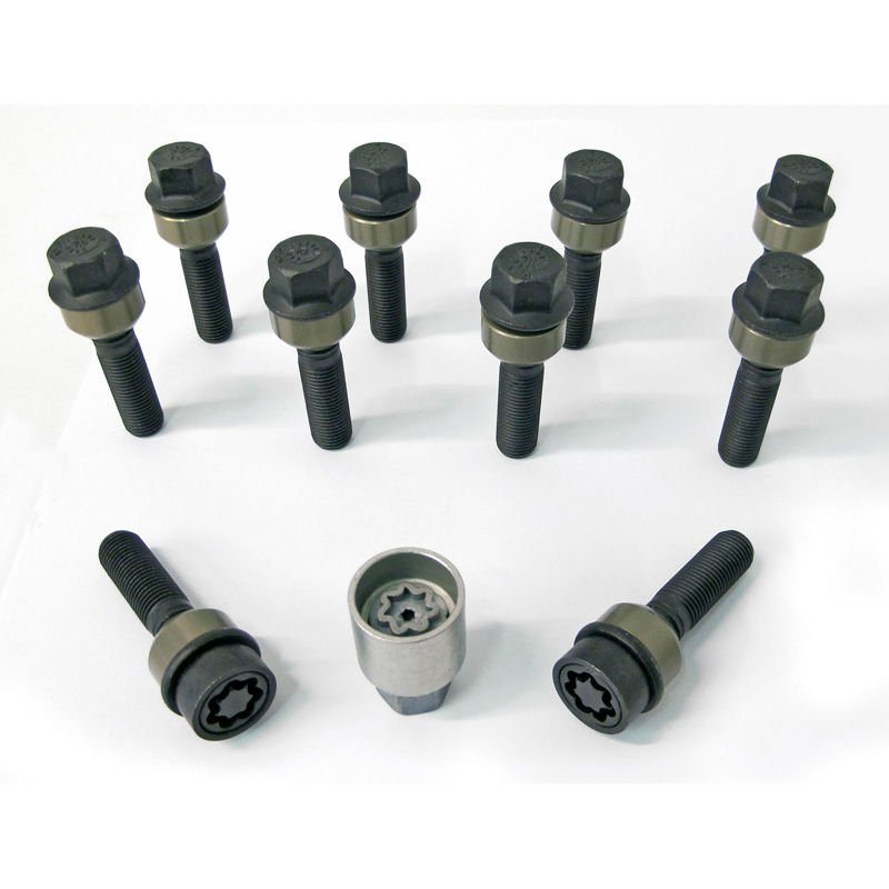 H&R Wheel bolt Set Round-Head with movable cone R14 M14x1.50 - Length 63mm - Black - 10 pcs. (e.g.  Porsche) - incl. wheel-locks
