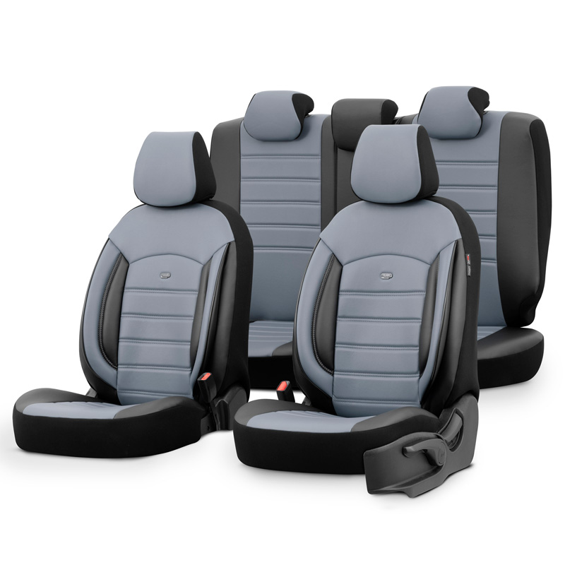 Universal Full-Leather Seat cover set 'Inspire' Black/Grey - 11-pieces -  Side-Airbags