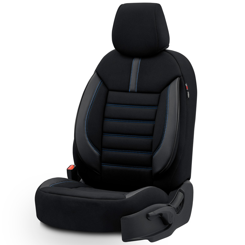 Universal Fabric/Leather Seat cover set 'Limited' Black + Blue stitching - 11-pieces -  Side-Airbags