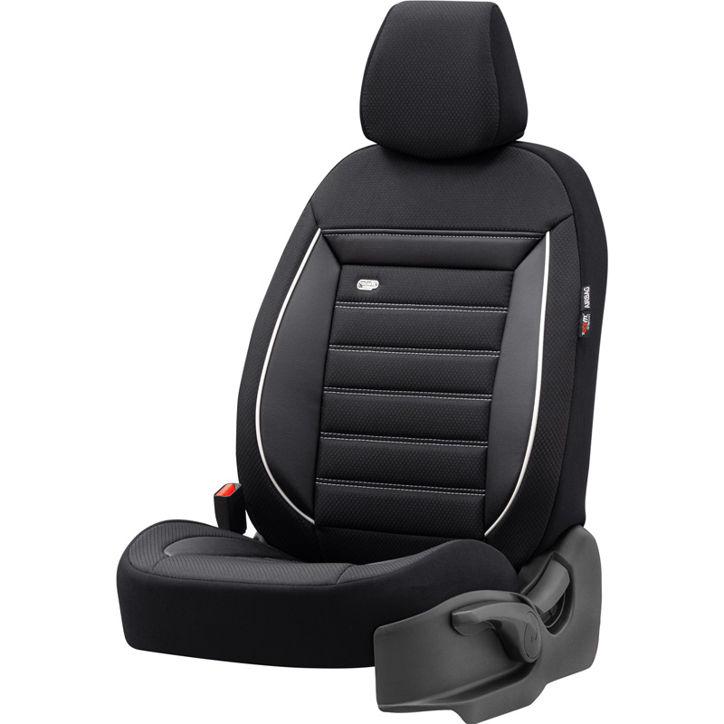 Universal Fabric Seat cover set 'Prestige' Black/Charcoal + White trim - 11-pieces -  Side-Airbags