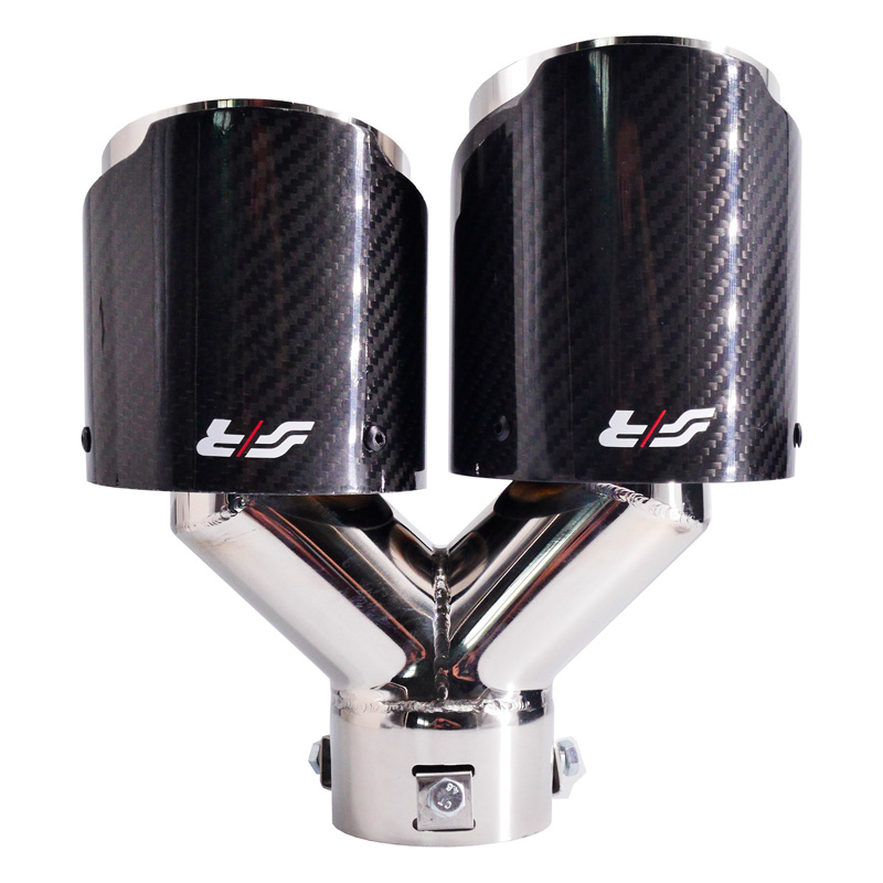 Simoni Racing Uitlaatsierstuk Dubbel Rechts Rond/Schuin RVS & Carbon - Ø102xL215-230mm - Montage ->40-63mm