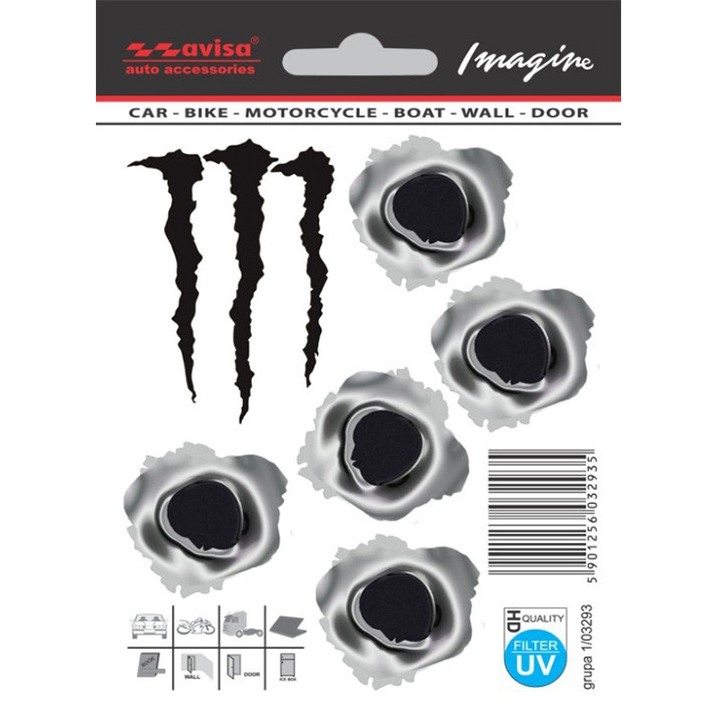 Aufkleber 5 Bullet Holes 3,5x3x5 cm + Monster 4,5x6.5cm - schwarz/metall