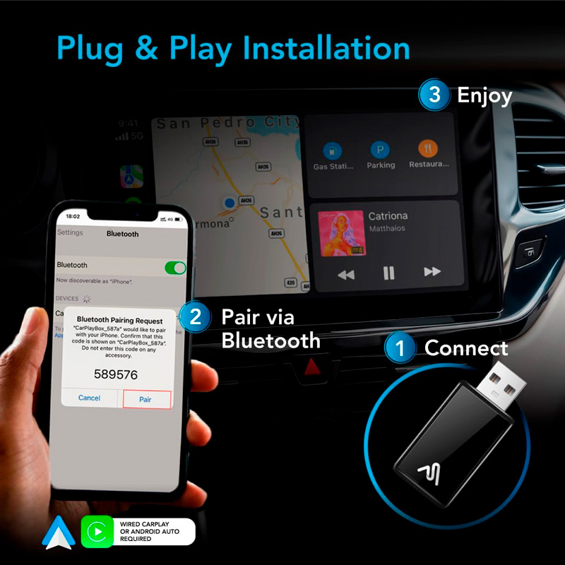 AutoSky WUA-8 Wireless CarPlay and Android Auto Adapter – USB Dongle - Sapphire Edition