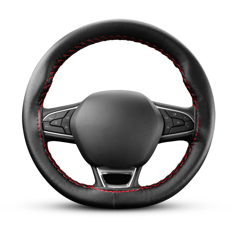 Universal steering wheel cover Classic - Black PVC leather + Red stitch (lace)