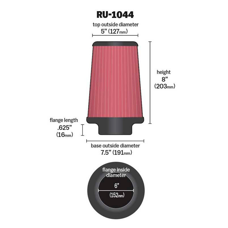 K&N Universal Conical Air Filter 152mm flange, 190mm base, 127mm top, 203mm height (RU-1044)