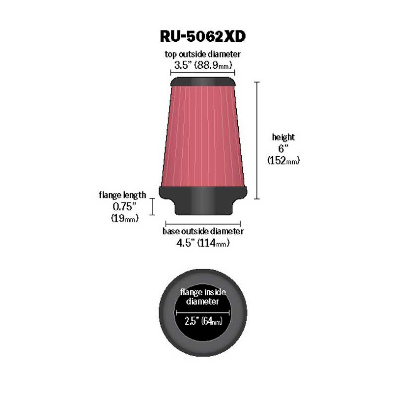 K&N Universal Conical Air Filter 64mm flange, 114mm base, 89mm top, 152mm height Extreme Duty (RU-5062XD)