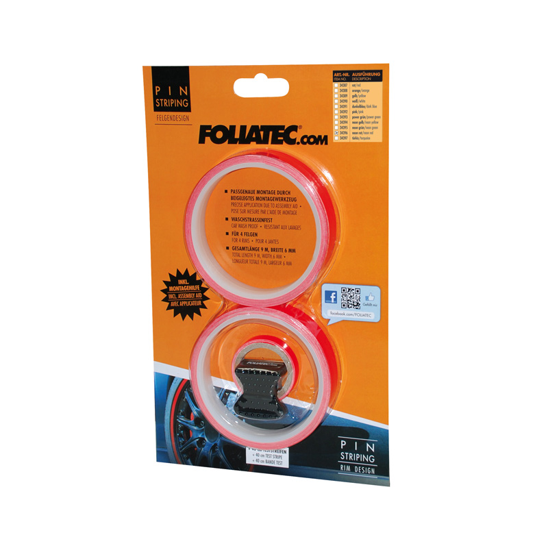 Foliatec PIN Striping rim design incl. installation tool - neon red - 4 strips 6mmx2,15meter & 1 tester 6mmx40cm