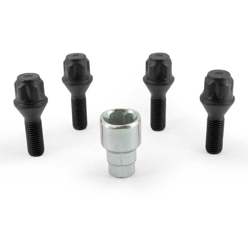 H&R Wheel lock set M12x1.50x28mm Taper Black - 4 wheel lock bolts incl. adapter
