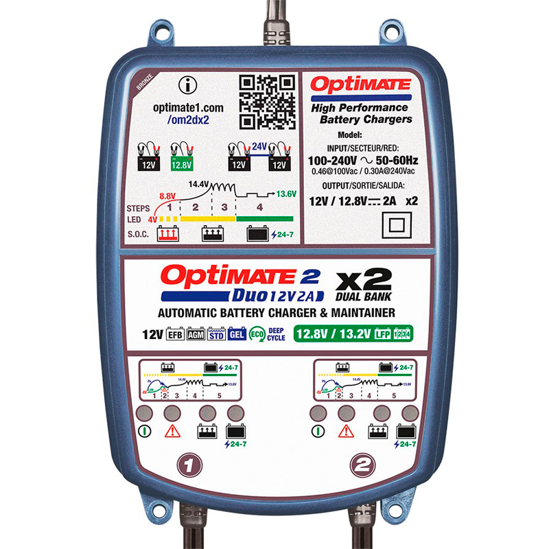 OptiMate 2 DUO x 2 BANK - 12V / 12,8V 2-Amp Acculader / tester / onderhouder