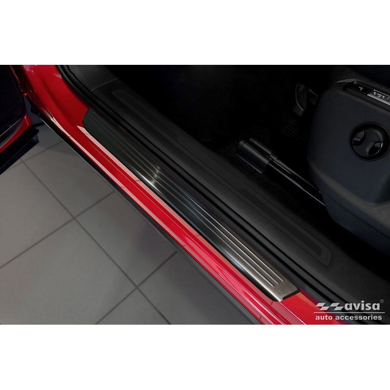 Black Inox door sill protectors  Volkswagen Tiguan II 2016-2020 & FL 2020- incl. Allspace 2017-2020 & FL 2020-2024 - 'Lines' - 4-pieces