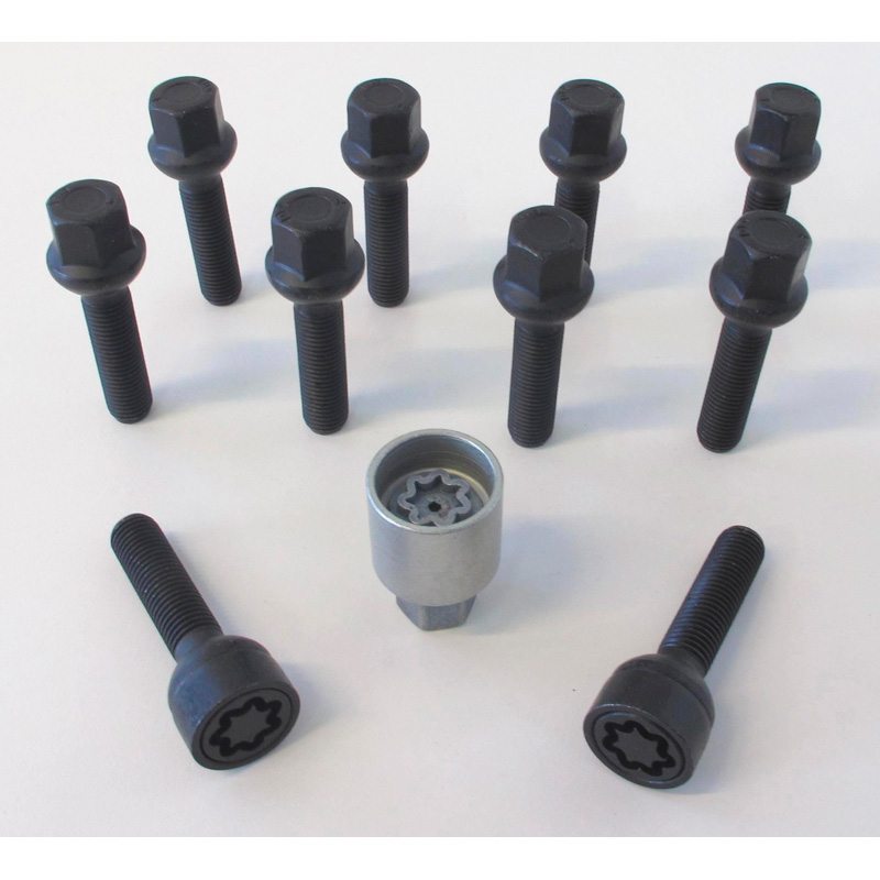 H&R Wheel bolt Set Round-Head R13 M14x1.50 - Length 33mm - Black - 10 pcs. ( e.g. VAG) - incl. wheel-locks
