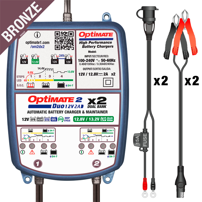 OptiMate 2 DUO x 2 BANK - 12V / 12,8V 2-Amp Acculader / tester / onderhouder