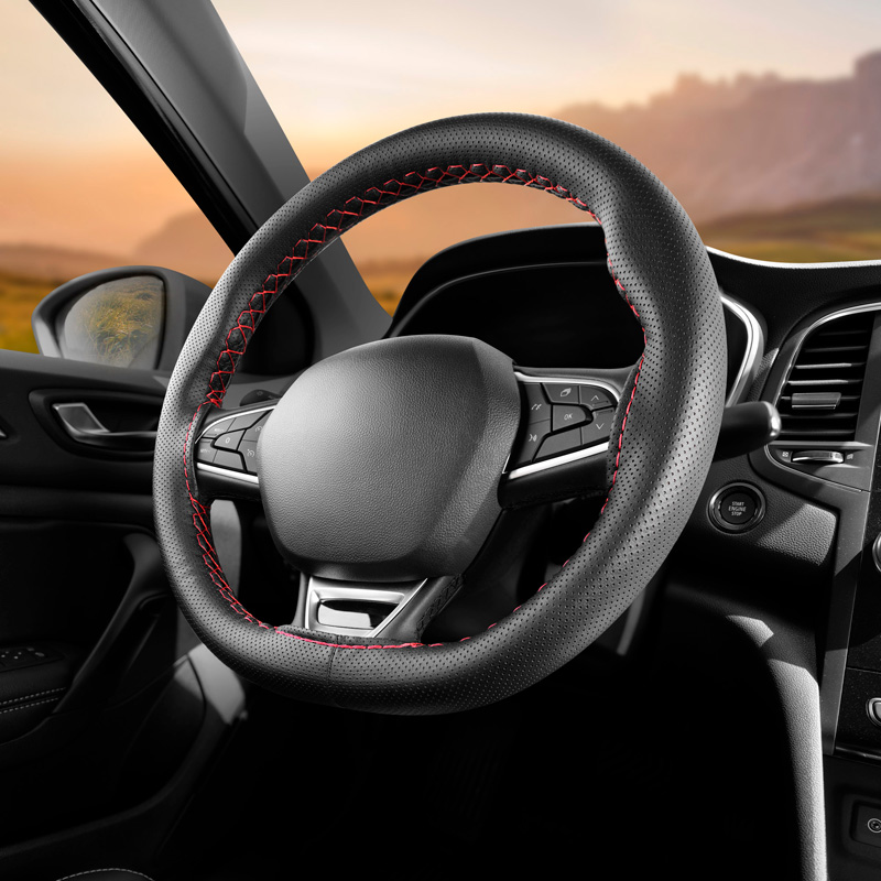 Universal steering wheel cover Classic - Black punched PVC leather + Red stitch (lace)