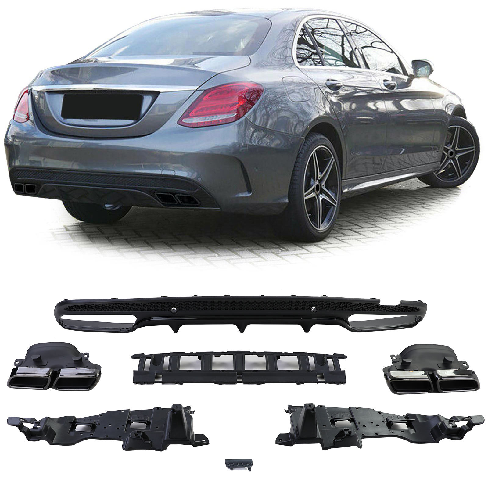 Achterbumper Diffusor Mercedes W205 C-Klasse C63 Design Glans Zwart