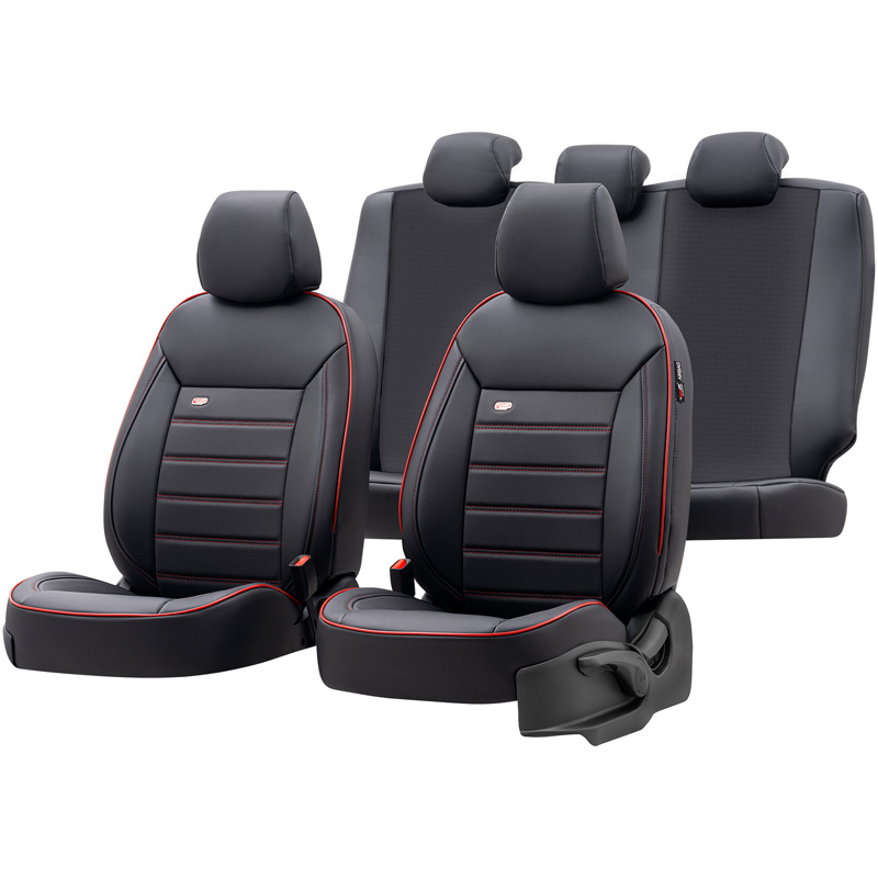 Universal Full-Leather Seat cover set 'Premium' Black + Red trim - 11-pieces -  Side-Airbags