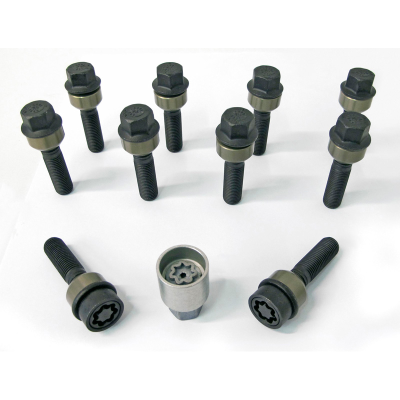 H&R Wheel bolt Set Round-Head with movable cone R14 M14x1.50 - Length 68mm - Black - 10 pcs. (e.g.  Porsche) - incl. wheel-locks