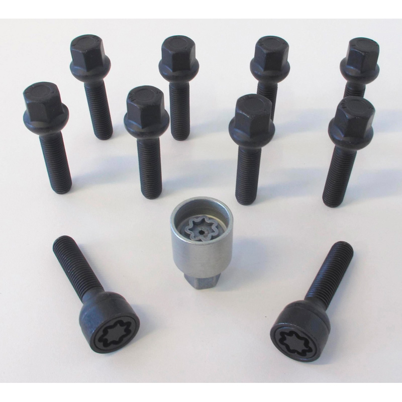 H&R Wheel bolt Set Round-Head R13 M14x1.50 - Length 35mm - Black - 10 pcs. ( e.g. VAG) - incl. wheel-locks