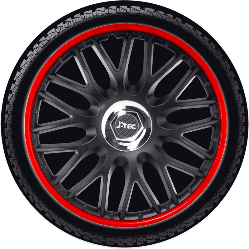 4-Delige J-Tec Wieldoppenset Orden R 16-inch zwart/rood + chroom ring