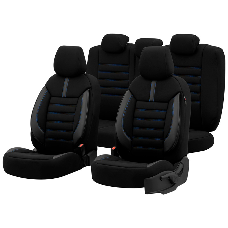 Universal Fabric/Leather Seat cover set 'Limited' Black + Blue stitching - 11-pieces -  Side-Airbags