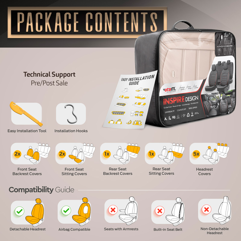 Universal Full-Leather Seat cover set 'Inspire' Crème - 11-pieces -  Side-Airbags