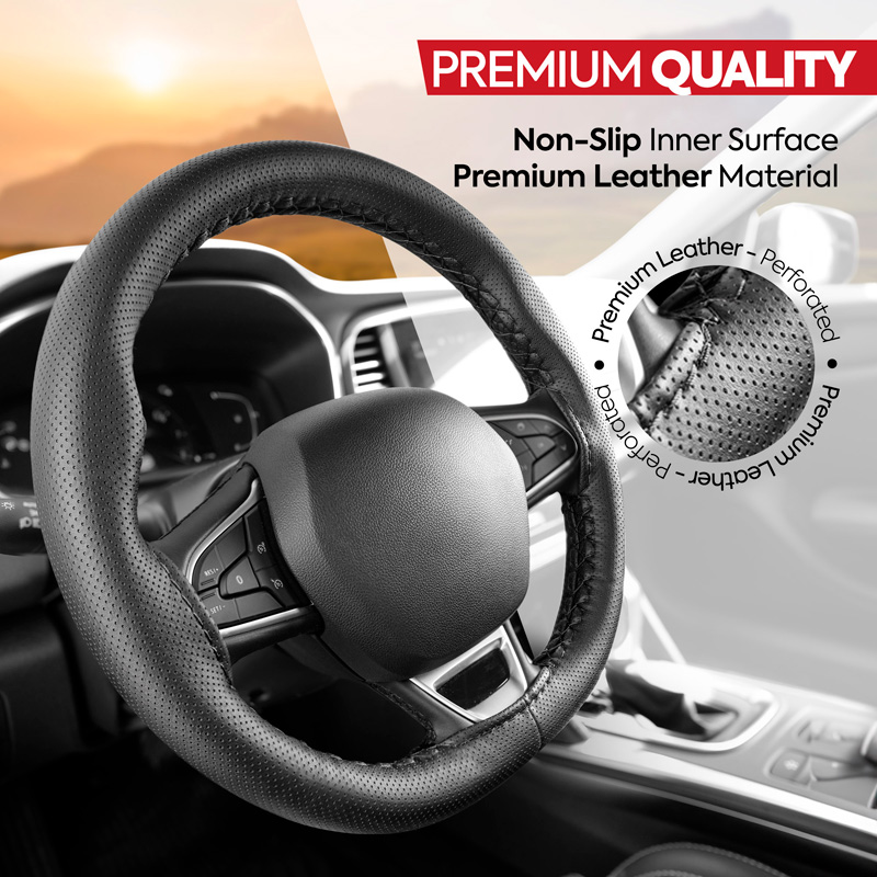 Universal steering wheel cover Classic - Black punched PVC leather + Black stitch (lace)