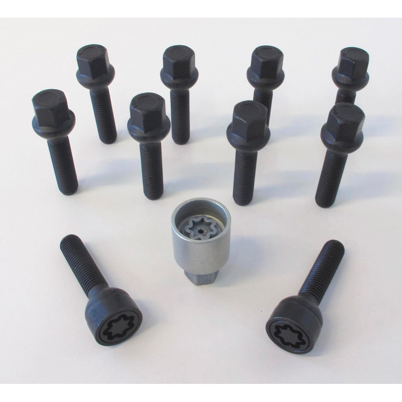 H&R Wheel bolt Set Round-Head R12 M12x1.50 - Length 52mm - Black - 10 pcs. (e.g.  Mercedes) - incl. wheel-locks