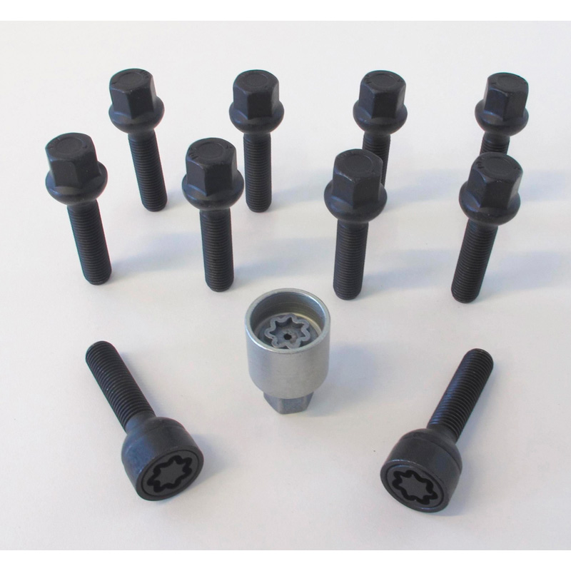 H&R Wheel bolt Set Round-Head R13 M14x1.50 - Length 31mm - Black - 10 pcs. ( e.g. VAG) - incl. wheel-locks
