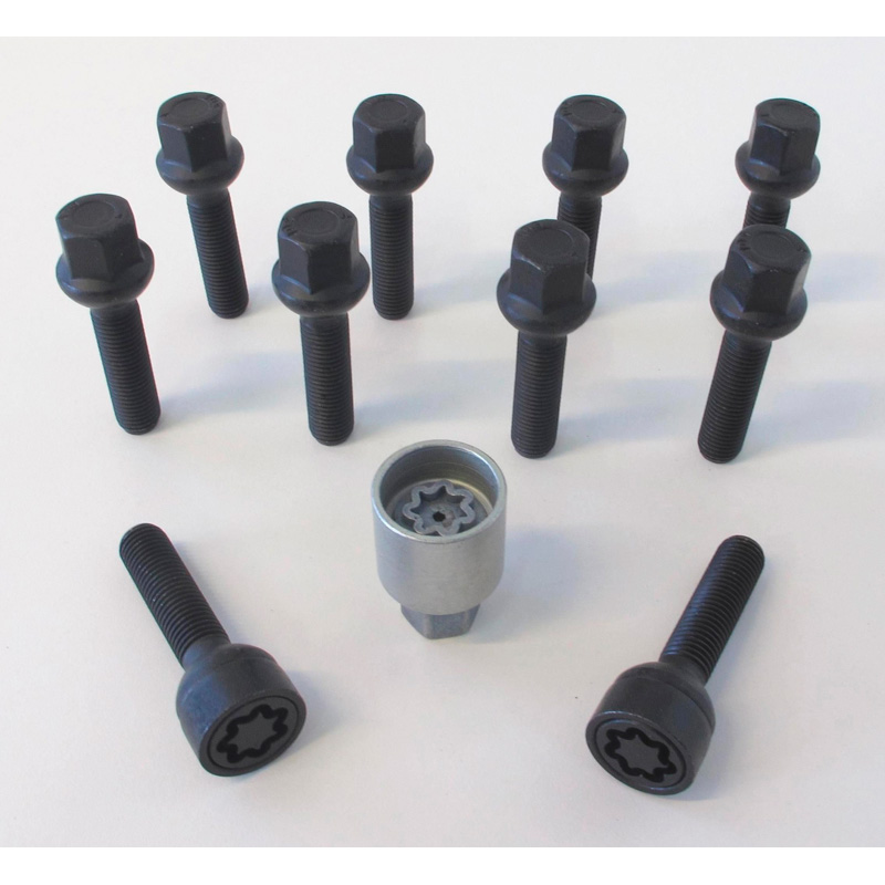 H&R Wheel bolt Set Round-Head R12 M12x1.50 - Length 35mm - Black - 10 pcs. (e.g.  Mercedes) - incl. wheel-locks