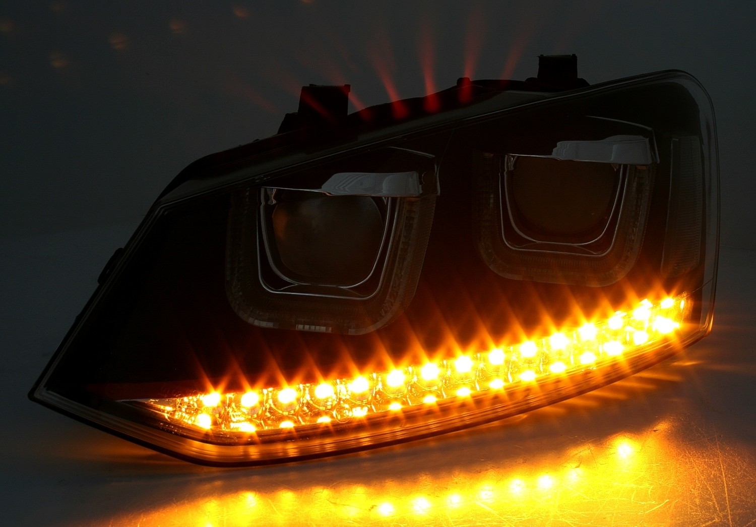Headlights VW Polo 6R / 6C 09- DRL Dynamic Black / Red Facelift GTI look-Copy  With Dynamic indicator