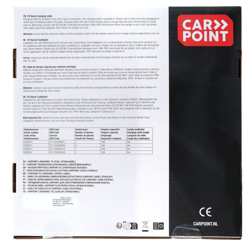 Câble de charge à spirale Carpoint pour véhicule électrique Type 2>2 32 AMP triphasé 6 mètres