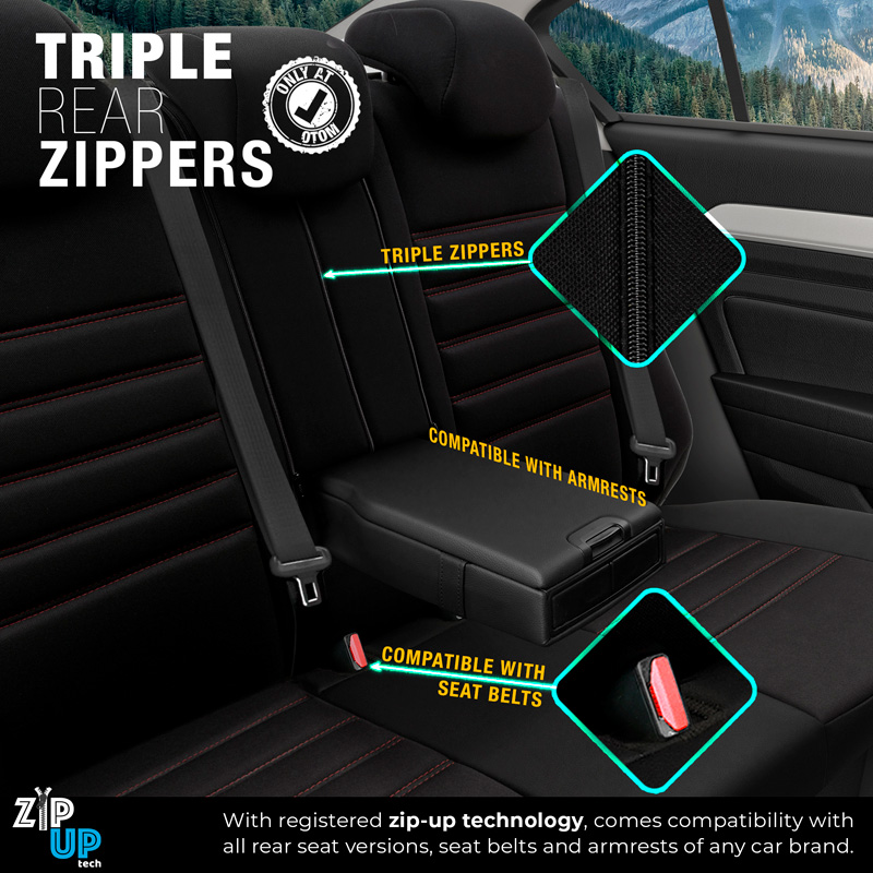 Universal Fabric/Leather Seat cover set 'Limited' Black + Red stitching - 11-pieces -  Side-Airbags