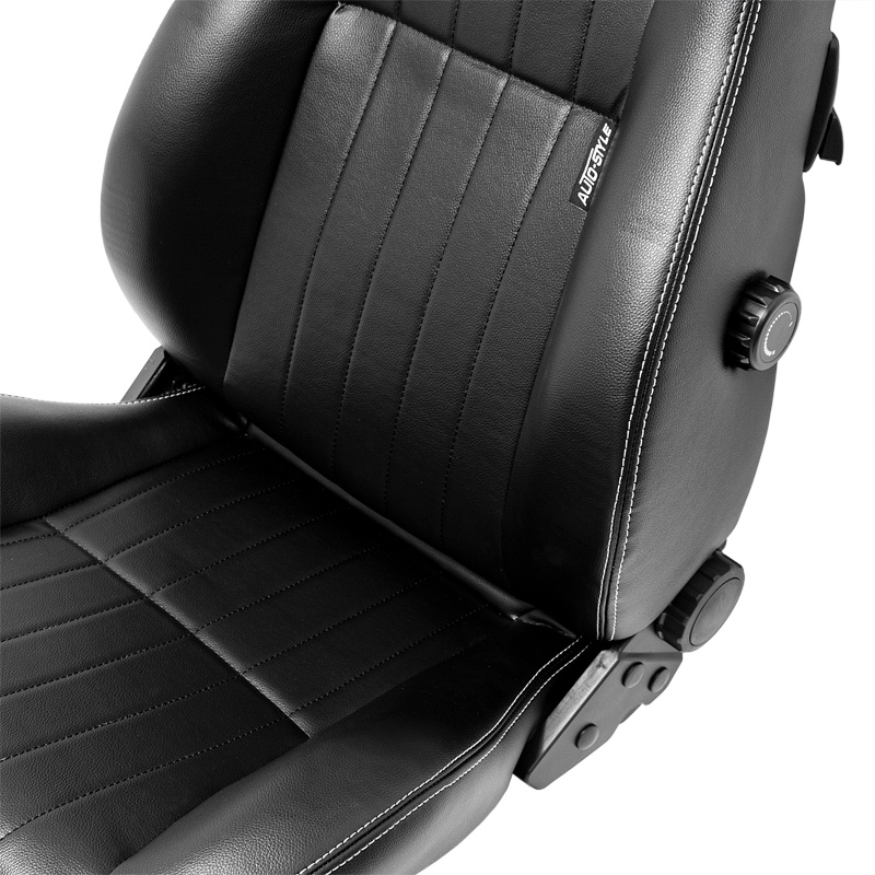 Sport seat 'Retro' - Black Synthetic leather + Silver stitching - Dual-side reclinable back-rest - incl. slides